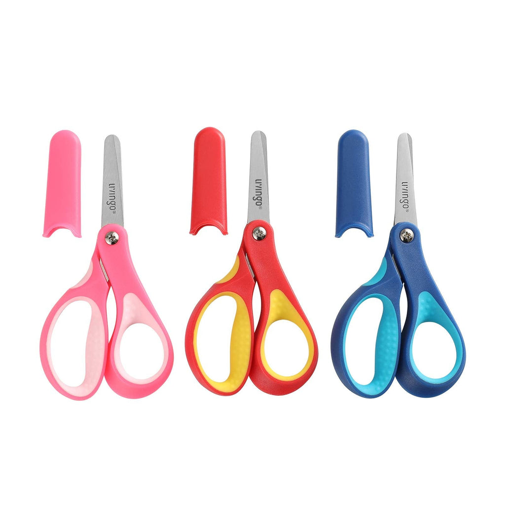 LIVINGO 5" Small School Student Blunt Kids Craft Scissors, Sharp Stainless Steel Blades Safety Comfort Grip for Children Cutting Paper, Assorted Color, 3 Pack Pink/Red/Blue - NewNest Australia