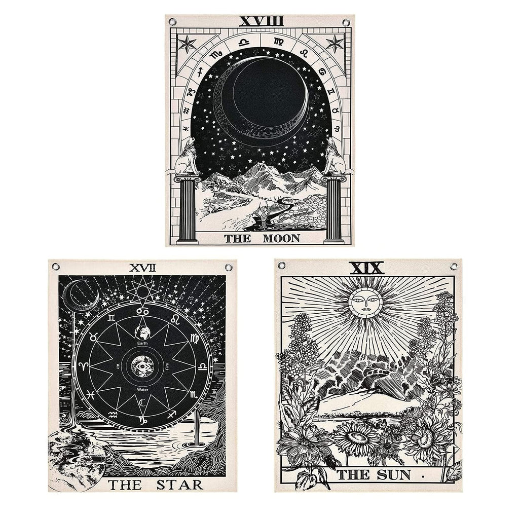 Pack of 3 Tarot Tapestries with Rustproof Grommets, Seamless Nails, The Sun Moon Star Tarot Card Tapestries Vertical Tapestry Wall Hanging (16 x 20 inches/piece) Black white 16" x 20" - NewNest Australia