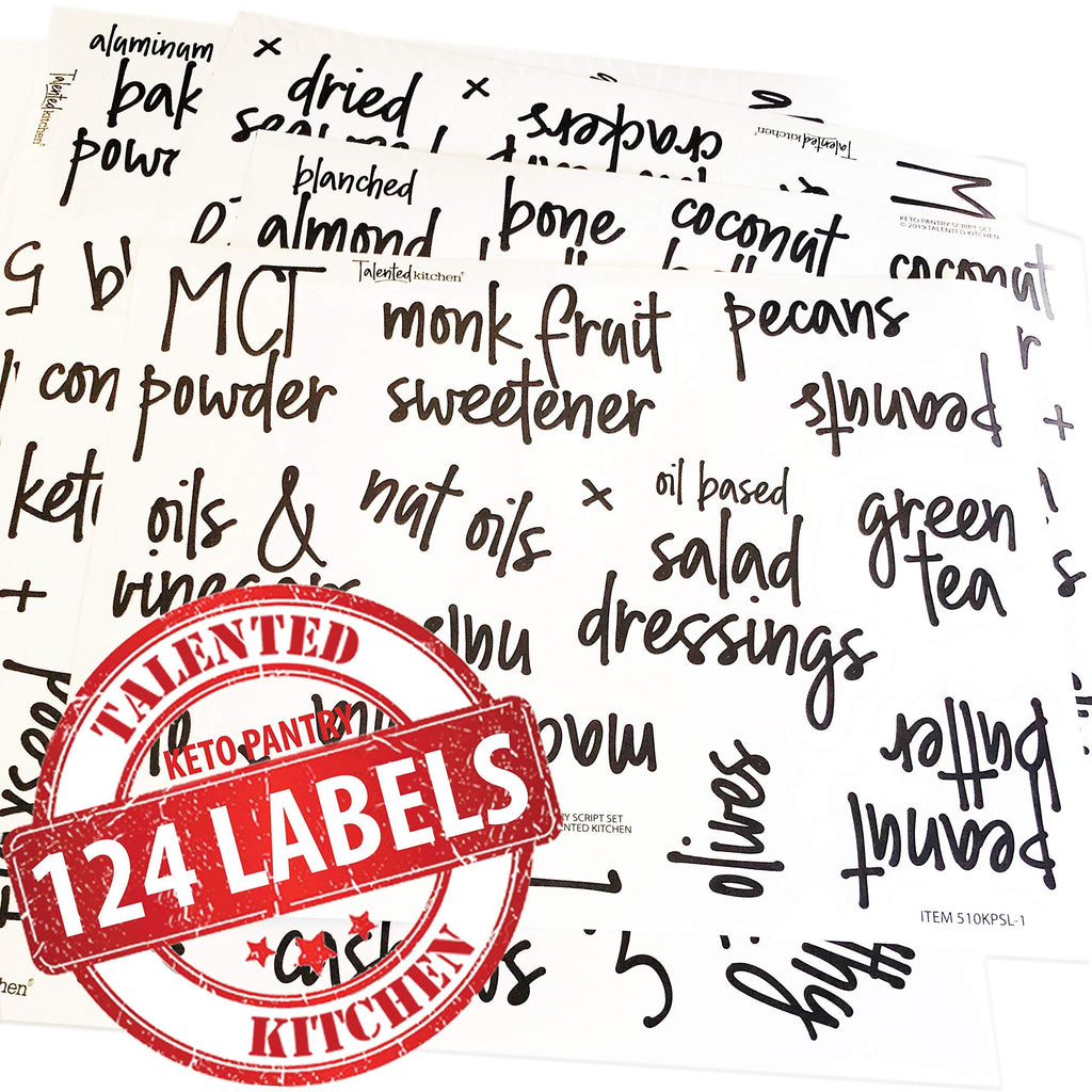 NewNest Australia - Talented Kitchen 124 Keto Pantry Labels – 124 Script Labels, Keto Diet Ingredients – Pantry Food Jar Stickers. Water Resistant, Jar Decal Pantry Organization Storage (Set of 124 – Script Keto Pantry) 