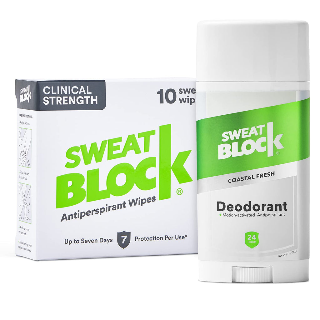 SweatBlock Antiperspirant & Deodorant Maximum Protection System for Excessive Sweat and Odor. Clinical Strength DRIBOOST PM Antiperspirant Wipes + All-Day Protection Deodorant Solid for Men and Women. (10) Antiperspirant Wipes / (1) Deodorant Solid - NewNest Australia