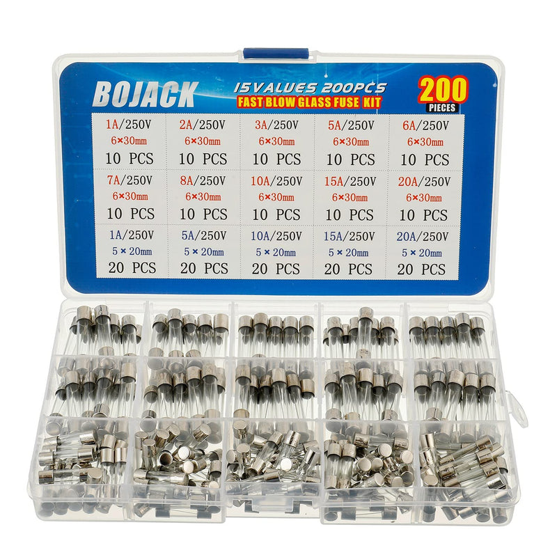 BOJACK 15 Values 200 pcs Fast-Blow Glass Fuses Assortment Kit 5x20mm 250V 1 5 10 15 20A 6x30mm 250V 1 2 3 5 6 7 8 10 15 20A amp packag in a Clear Plastic Box - NewNest Australia