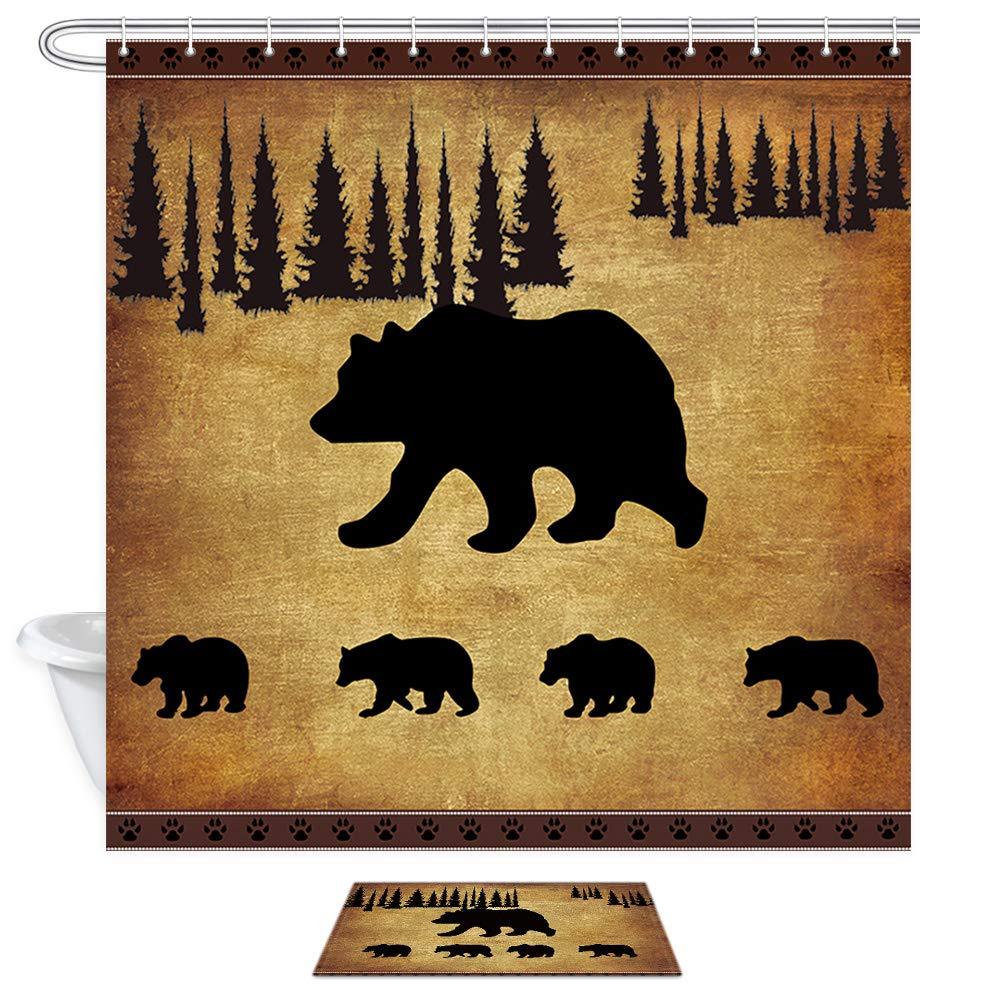 JAWO Black Bear Shower Curtain and Bath Mat Set, Rustic Cabin Bears Animal Shower Curtains Fabric 69X70 Inch, Bathroom Accessories Hooks Rug Sets - NewNest Australia