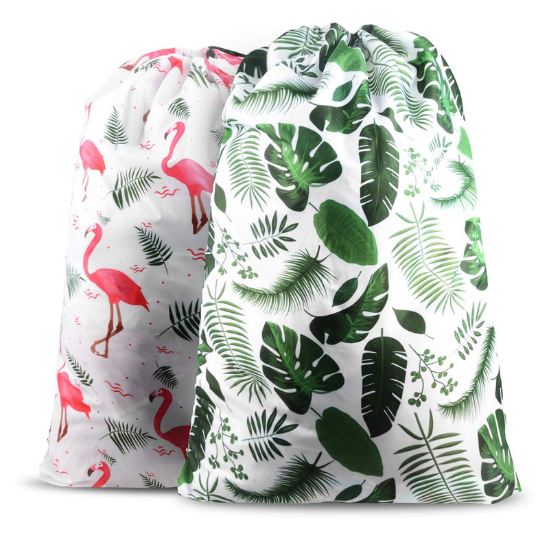 NewNest Australia - Nidoul 2 Pack Extra Large Laundry Bag, Heavy Duty Travel Laundry Bag, Drawstring Closure Dirty Clothes Bag, Durable Rip-Stop Bags for Camp Travel, Machine Washable 24" x 36" Flamingo+green Leaves 24" x 36" 