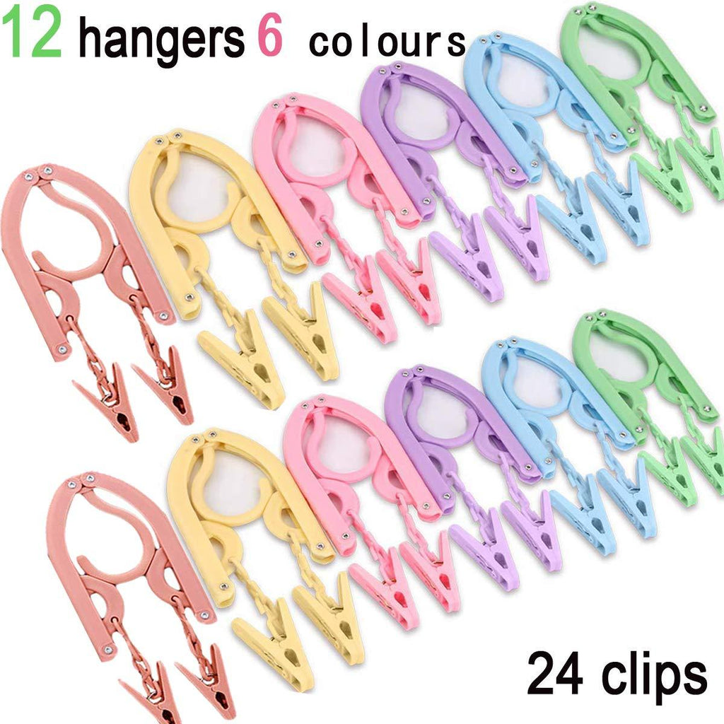 NewNest Australia - YOUOWO Travel Hangers with Clips Portable Folding Clothes Hangers 12 pcs with 24 pcs Hanger Clips for Scarves Suits Trousers Pants Shirts Socks Underwear Travel Home Foldable Clothes Drying Rack 12 Pack Hanger 