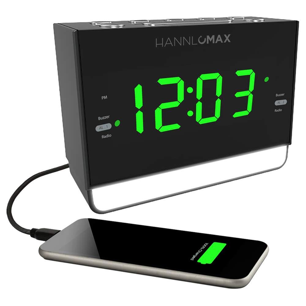 NewNest Australia - HANNLOMAX HX-128CR Alarm Clock Radio, PLL FM Radio, 1.2 inches Green LED Display, Dual Alarm, 6 Levels Night Light, USB Port for 1A Charging, AC/DC Adaptor Included 