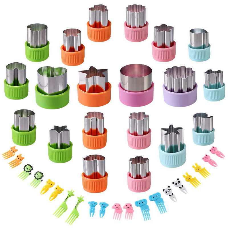 NewNest Australia - Vegetable Cutters Shapes Set, 20pcs Stainless Steel Mini Cookie Cutters, Vegetable Cutter and Fruit Stamps Mold + 20pcs Cute Cartoon Animals Food Picks and Forks -for Kids Baking and Food Supplement 