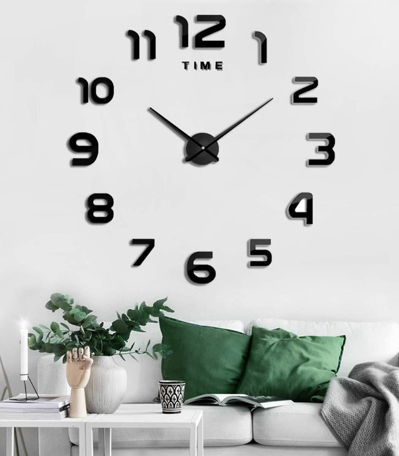 NewNest Australia - SIEMOO Large DIY Wall Clock, 3D Mirror Number Stickers Large Wall Clock Kit Mute Frameless Modern Design for Home Living Room Bedroom Office Decoration-Black Black 