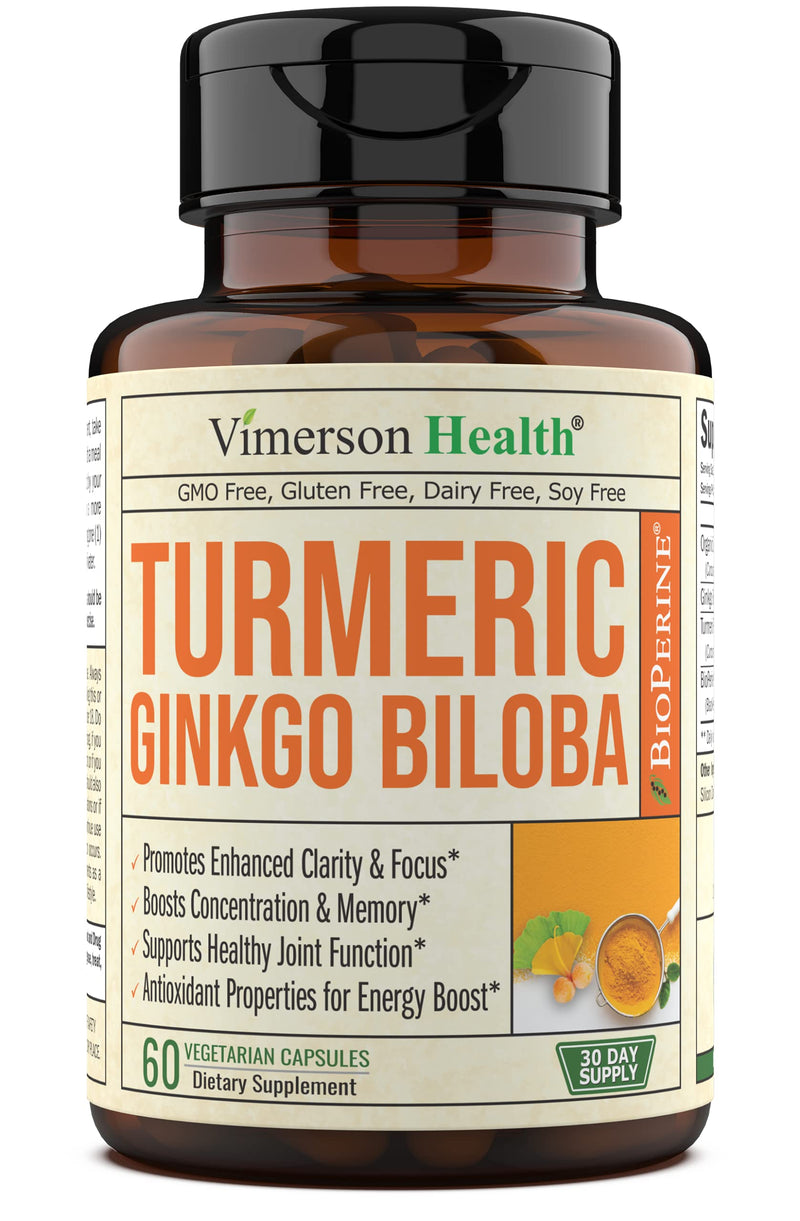 Turmeric Curcumin & Ginkgo Biloba with BioPerine - Herbal Supplement That Supports Focus, Memory, Brain Function, Mental Alertness, Concentration & Healthy Joint Support. 60 Vegan Capsules for Adults - NewNest Australia