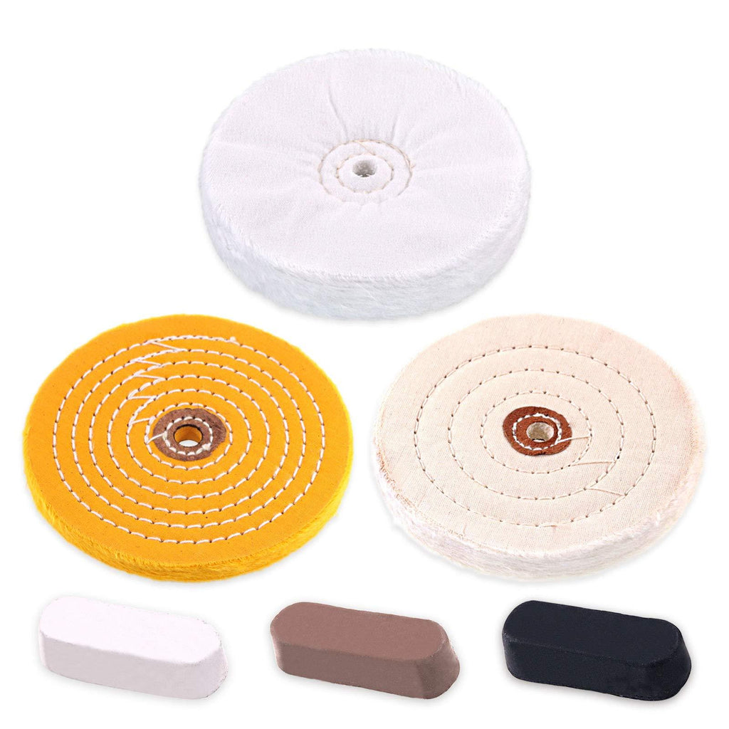 Rustark 6 Piece Polishing Compounds Kit with 3 Assorted Buffing Wheels Including Black Emery, Brown Tripoli, White Diamond, Yellow (30 Ply) Flannel (30 Ply), Cotton (40 Ply) for polishing - NewNest Australia