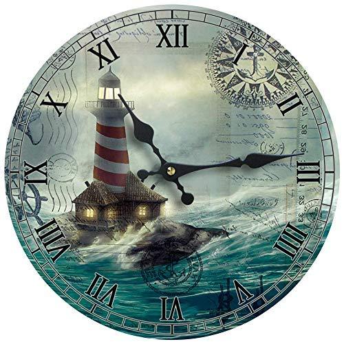 NewNest Australia - Wall Clock Wood Lighthouse Decorative 13 Inch Beach Theme Perfect Decor for Kitchen Bathroom Office Rustic Battery Operated Clocks Great Nautical Theme for Bedroom Ocean Decoration Ticking Tropical 