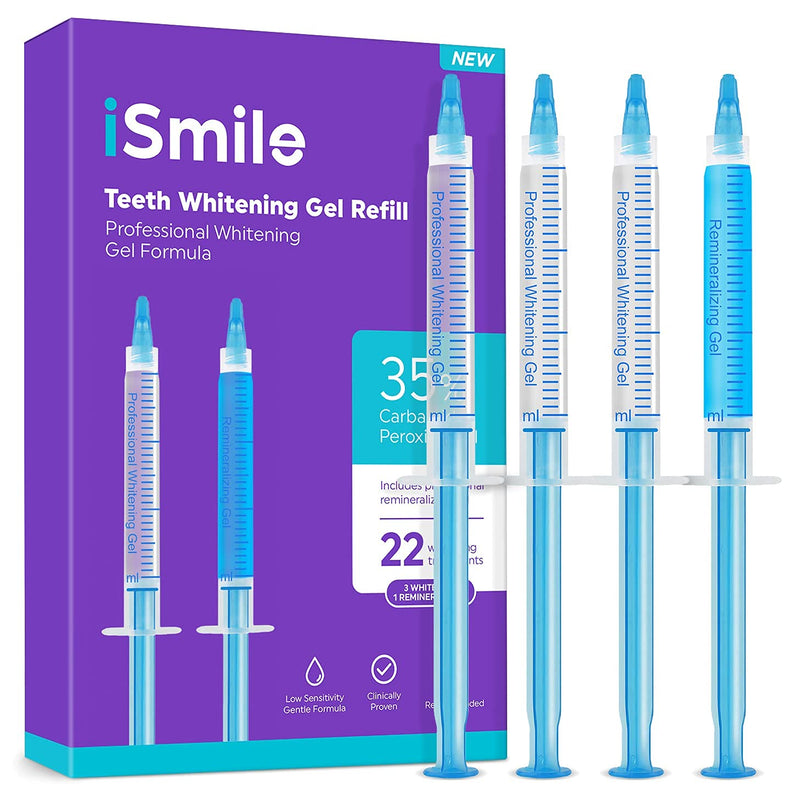 iSmile Teeth Whitening Gel Syringe Refill Pack - (3) 3ml Whitening Gel Syringes, (1) Remineralization Gel Syringe, No Sensitivity, Premium Quality, Use with LED Light and Trays - NewNest Australia