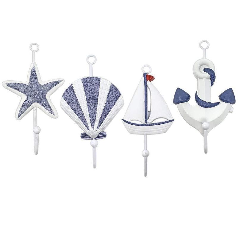 NewNest Australia - Beach Decorations - Nautical Themed Wall Hook Set of 4 -Starfish, Shell, Anchor and Sail Boat Design- Hangers for Towels, Robes, Aprons Hats - Ocean Wall Art 