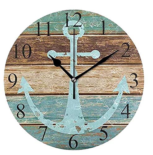 NewNest Australia - Wamika Round Wall Clock Vintage Anchor Wooden Rustic Country Clock Silent Non Ticking Decorative,Wooden Planks Nautical Theme Clocks 10 Inch Battery Operated Quartz Analog Quiet Desk Clock for Home 