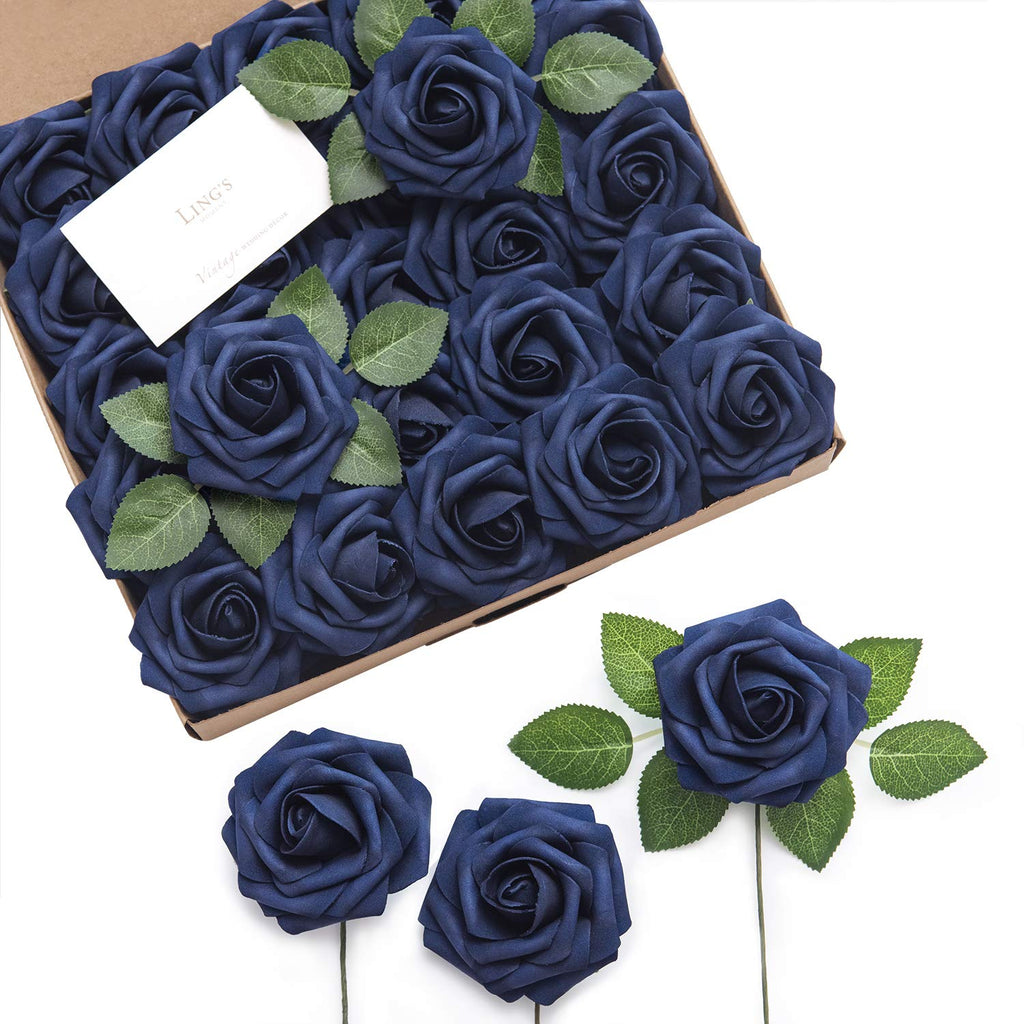 NewNest Australia - Ling's moment Rose Artificial Flowers 25pcs Realistic Fake Roses w/Stem for DIY Wedding Bouquets Centerpieces Bridal Shower Party Home Decorations (Navy Blue, 25pcs Regular 3") Regular 3" Navy Blue 