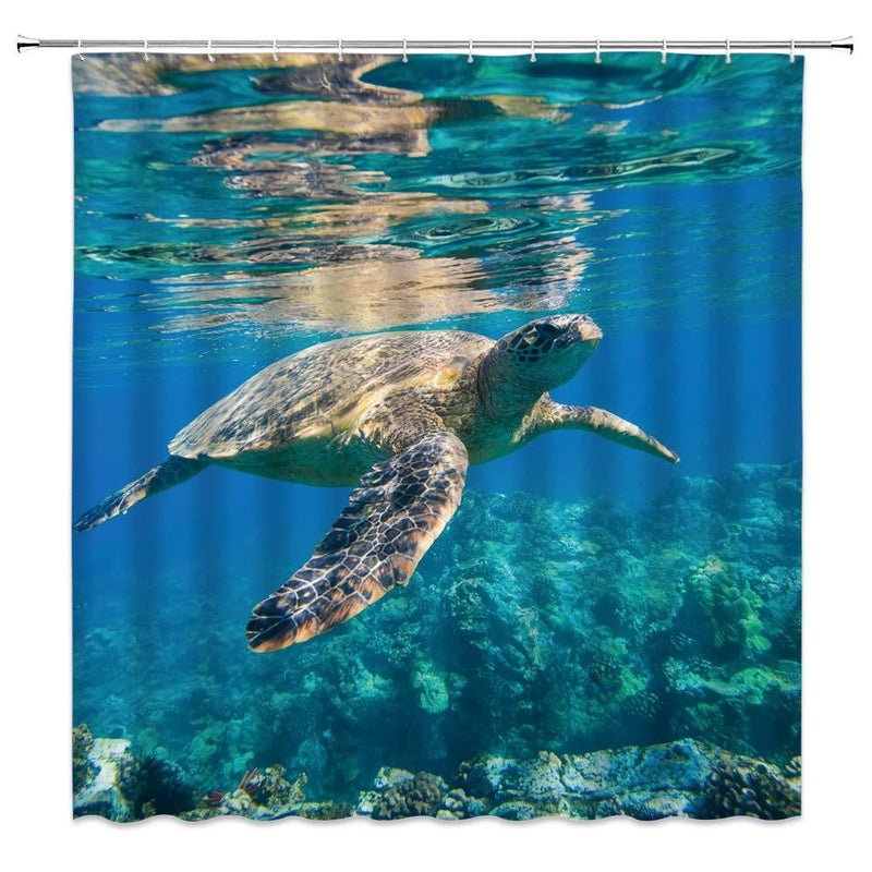 LIVEFUN Sea Turtle Shower Curtain, Wildlife Ocean Animal Coral Reef Blue Undersea World Home Decor Bathroom Decoration Sets, 72 x 72 inches Fabric with 12 Hooks,Blue Brown Purple 71"WX71"H/180x180cm - NewNest Australia