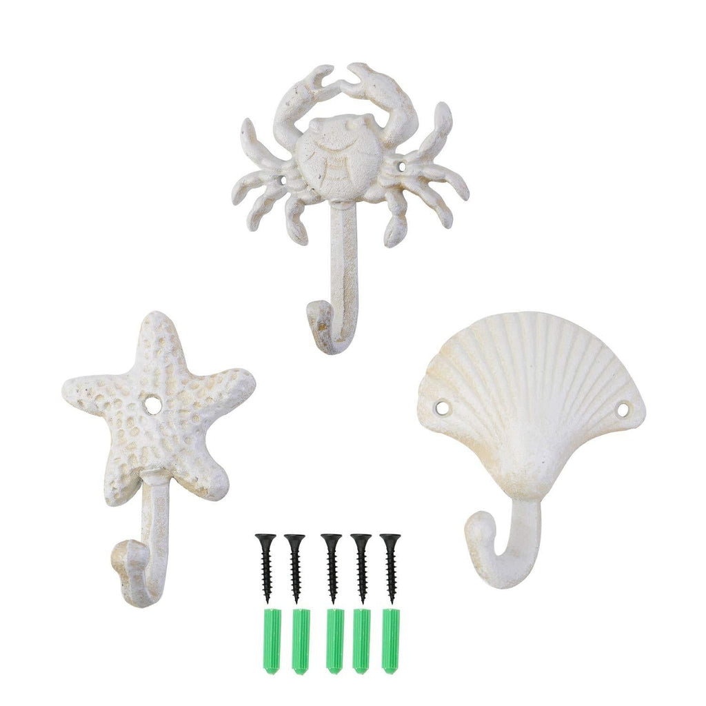 NewNest Australia - ZILucky Set of 3 Starfish Seashell Crab Cast Iron Decorative Wall Hooks Coats Aprons Hats Towels Hooks Beach Ocean Theme Chic Metal Hooks (White) White 