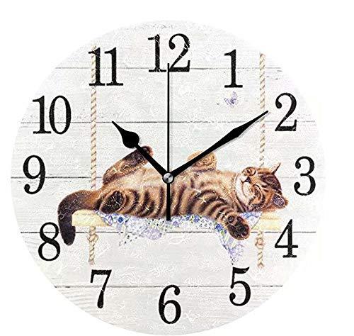 NewNest Australia - Wamika Round Wall Clock Cat on Swing White Vintage Wooden Clock Silent Non Ticking Wall Decorative,Kitty Cute Cats Flowers Butterfly Clocks 10 Inch Battery Operated Quartz Quiet Desk Clock for Home multi4 