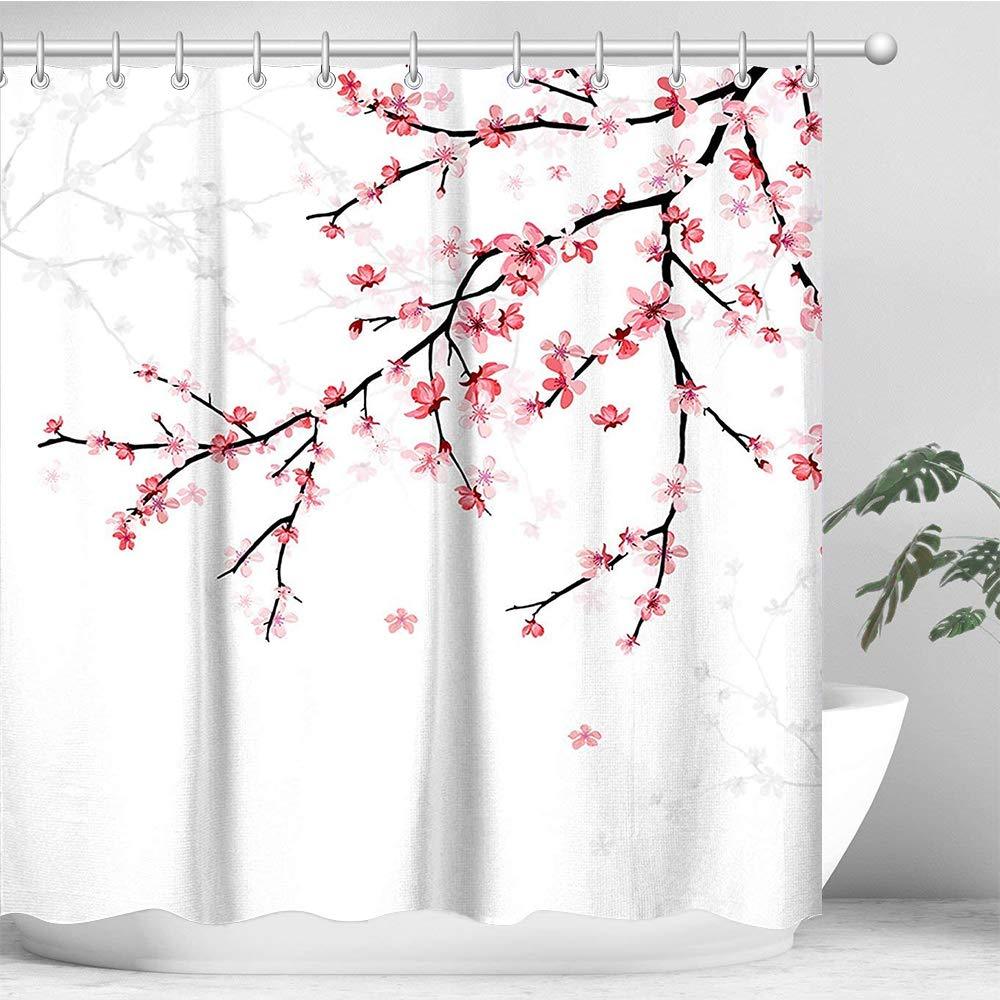 LIVILAN Floral Shower Curtain Set with 12 Hooks, Pink Plum Flower Fabric Shower Curtain Home Bathroom Decoration, Machine Washable, 72" X 72" - NewNest Australia