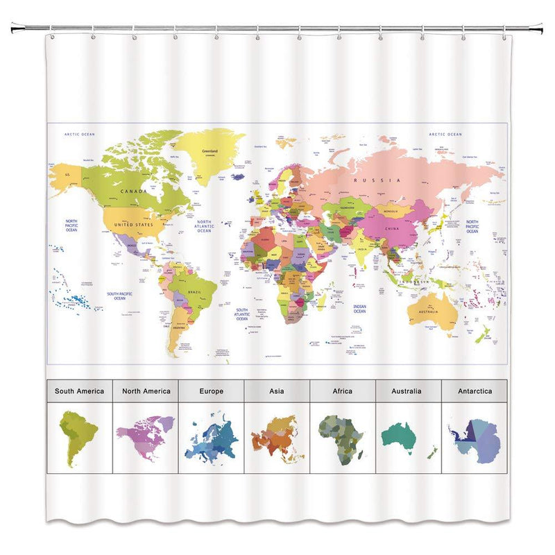 World Map Shower Curtain,Clear and Colorful Map with Major Cities and Continent for Children and Students Educational Geography Tool Fabric Bathroom Decor Sets with 12 Hooks,71X71 Inchs,Mulit Multi 1 - NewNest Australia