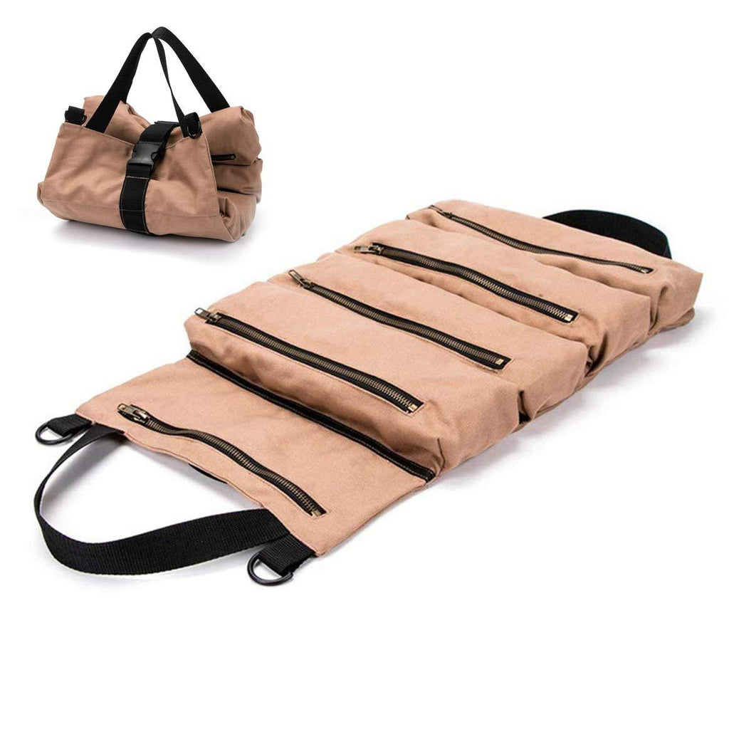 Super Tool Roll Up Bag/pouch,durable Canvas Wrench Tool Roll Up Pouch With 5 Zipper Pockets,car Back Seat Organizer/Khaki Khaki - NewNest Australia