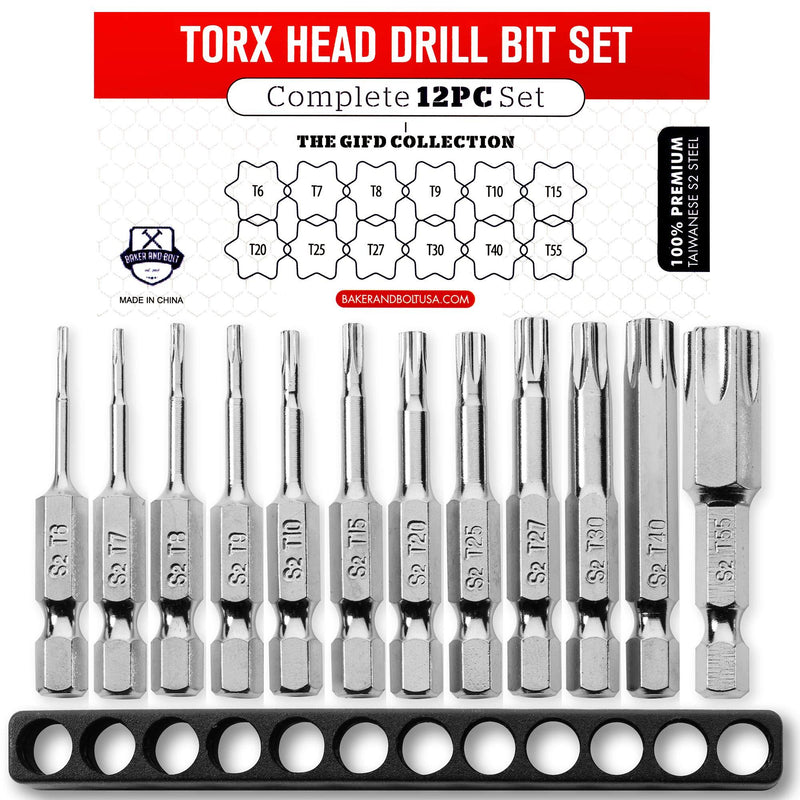 Torx Head Drill Bit Set (PREMIUM 12pc Set /w Storage Case) T6 - T55 Hex Shank Magnetic Star Security Kit - The GIFD Collection - Long 2 inch Torx Key Bits S2 Steel for drills and impact drivers - NewNest Australia