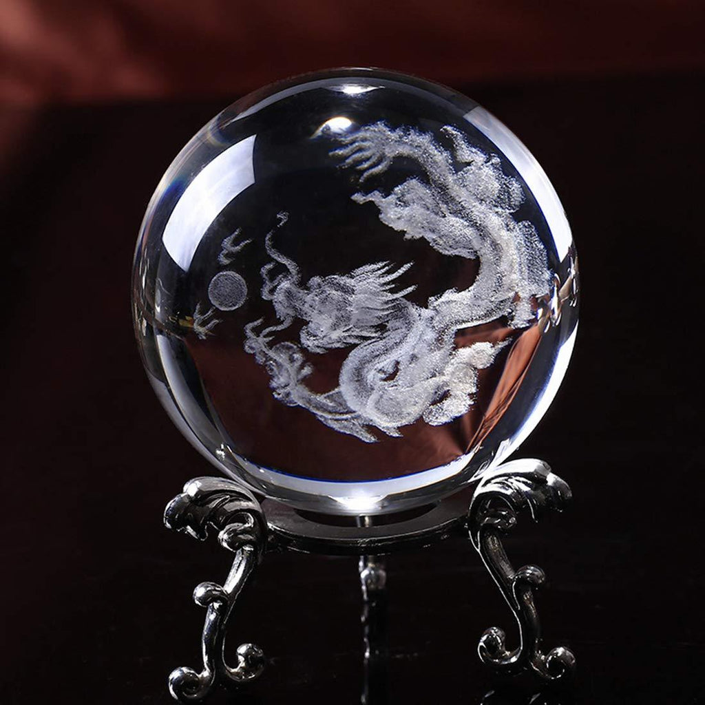 NewNest Australia - HDCRYSTALGIFTS Crystal 2.4 inch (60mm) Chinese Dragon Crystal Ball with Sliver-Plated Flowering Stand,Fengshui Glass Loong Ball Home Decoration Style*6 