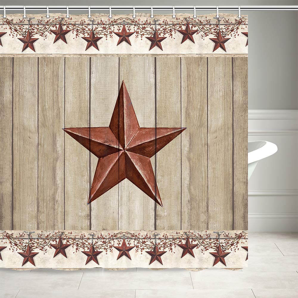 Rustic Barn Star on Wooden Door Shower Curtain, Western Texas Star and Primitive Berries on Country Wooden Plank Bath Curtains, Polyester Fabric Bathroom Shower Curtain 12PCS Hooks 69X70IN 69X70 - NewNest Australia