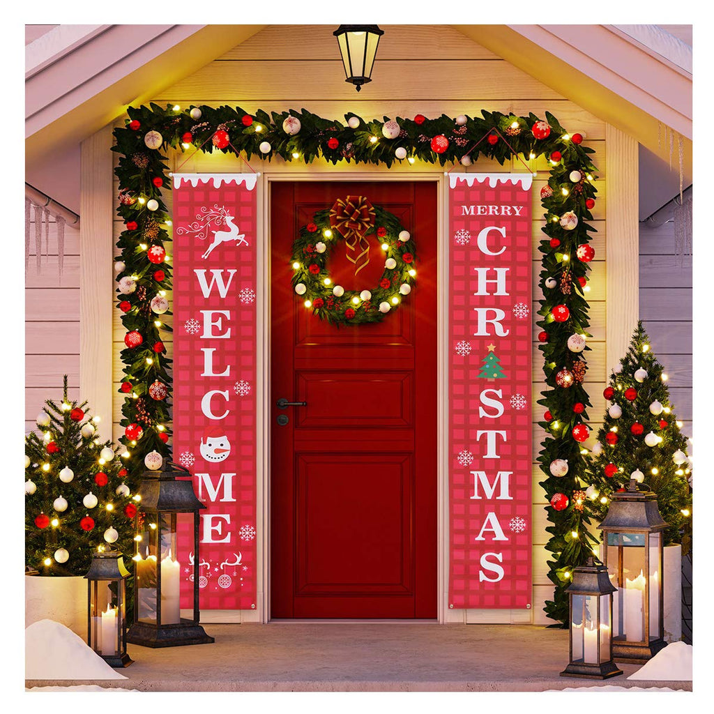 VOSAREA Christmas Porch Sign Welcome Merry Christmas Hanging Banner Elk Snowman Red Xmas Porch Banner Christmas Front Porch Signs for New Year Holidays Decorations - NewNest Australia