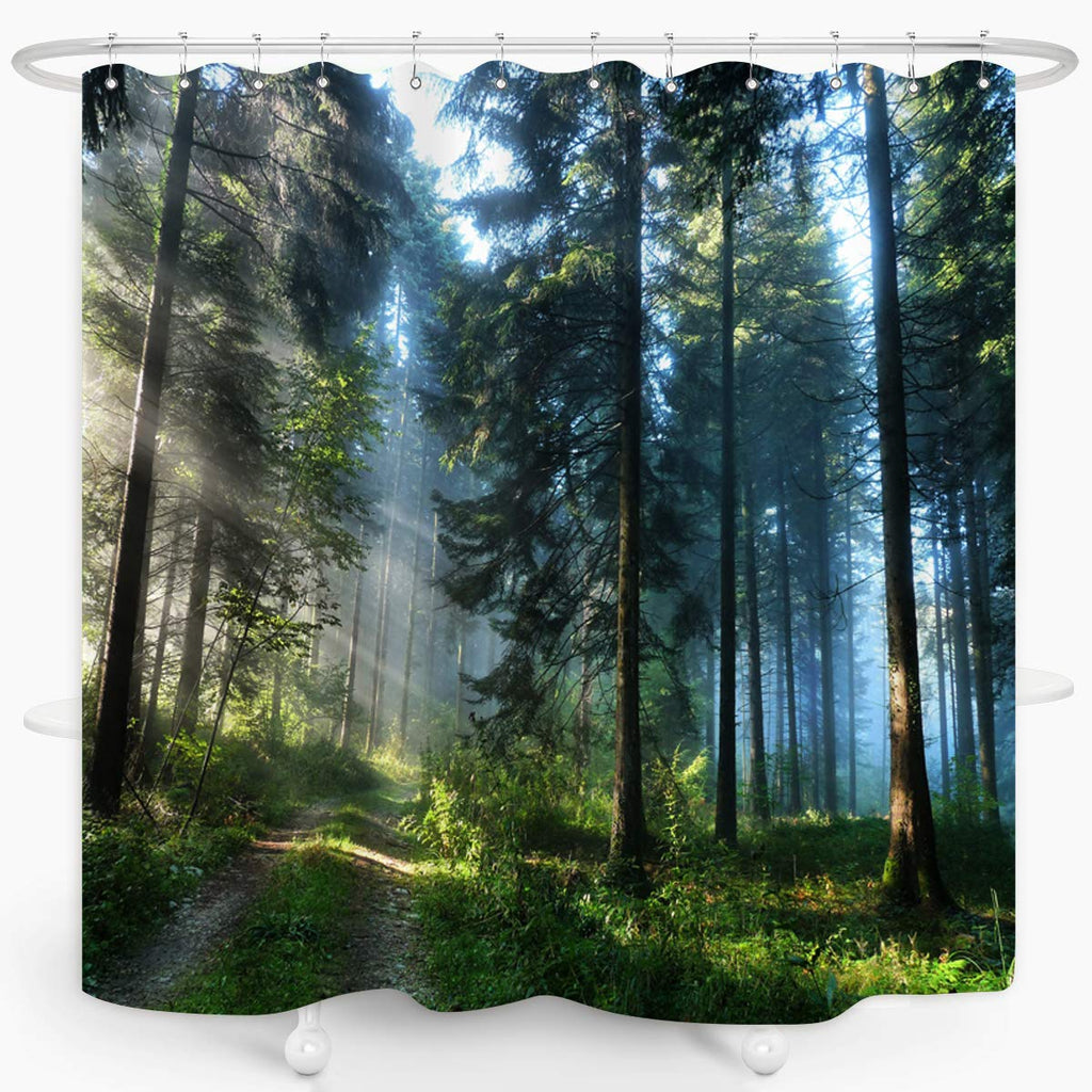 Trees Forest Sunlight Shower Curtain Straight Tall Trees Sunshine Attractive Nature Landscape Waterproof Fabric Bathroom Decor 72x72 Inch Green Plastic Hooks 12 PCS 72L*72W - NewNest Australia