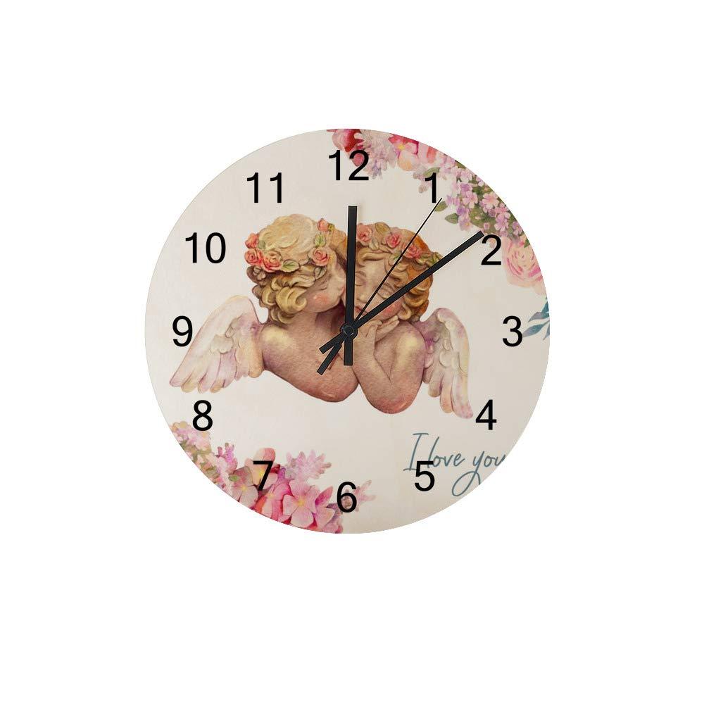 NewNest Australia - Kuizee Wall Clock Cute Watercolor Angels Cherub Uncovered Wooden Mute Decoration Home Office Bedroom 12Inch 