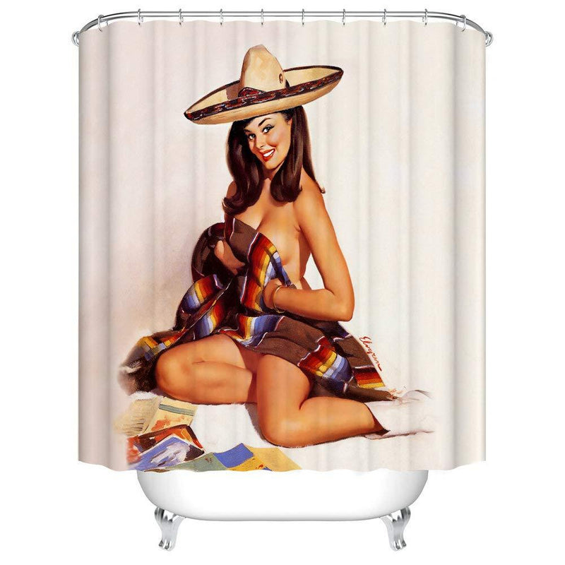 Fangkun Shower Curtain Art Decor Set - Sexy Pin Up Girl Wearing a Hat Painting Style Waterproof Polyester Fabric Bath Curtains - 12pcs Shower Hooks - 72 x 72 inches - NewNest Australia