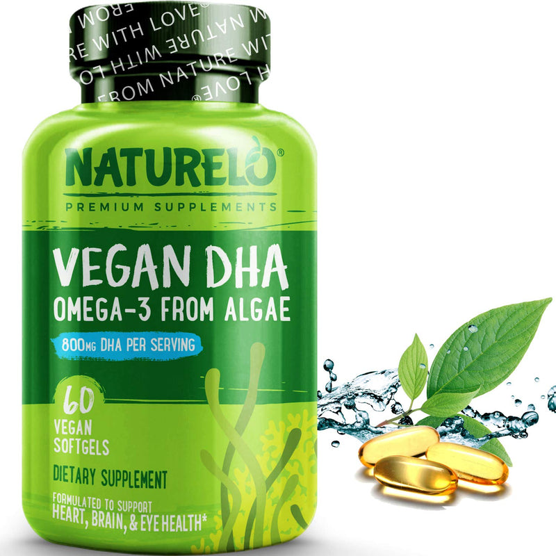 NATURELO Vegan DHA - Omega 3 Oil from Algae - Supplement for Brain, Heart, Joint, Eye Health - Provides Essential Fatty Acids for Women, Men and Kids - Complements Prenatal Vitamins - 60 Softgels 60 Count (Pack of 1) - NewNest Australia