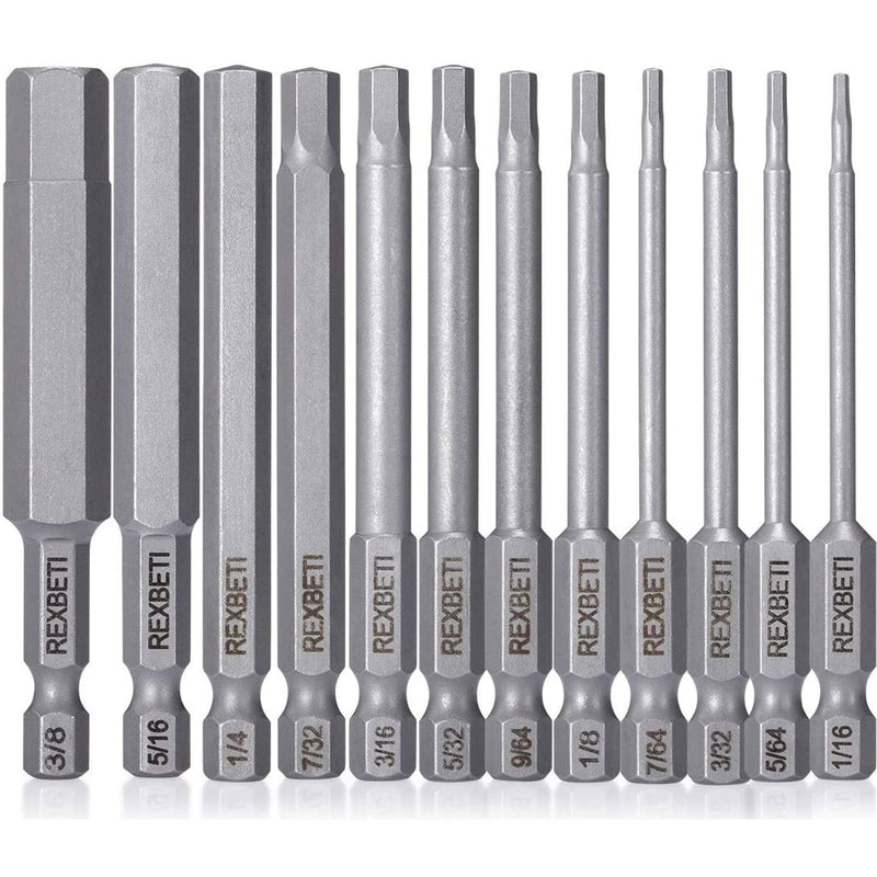 REXBETI Hex Head Allen Wrench Screwdriver Bit Set, 1/4 Inch Hex Shank S2 Steel Magnetic 3 Inch Long Drill Bits, 1/16-3/8 Inch, 12 Piece ALLEN(SAE) - NewNest Australia