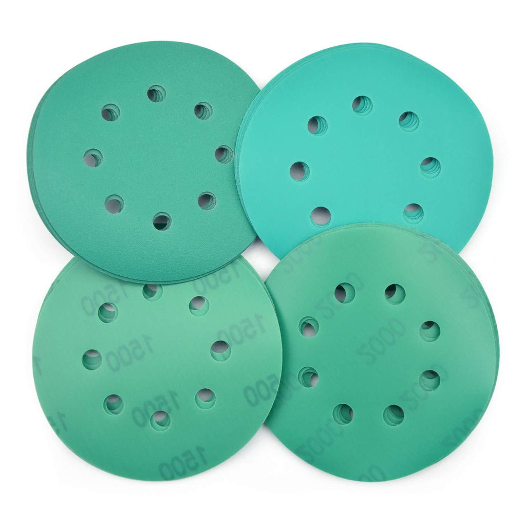 POLIWELL 5 Inch Sanding Discs 8 Holes 240/600/1500/2000 Grit Wet Dry Film-Backed Green Line Hook and Loop Dustless Power Random Orbital Sander Paper, for Car Paint Wood or Metal Polishing, 20 Pack Assortment - NewNest Australia