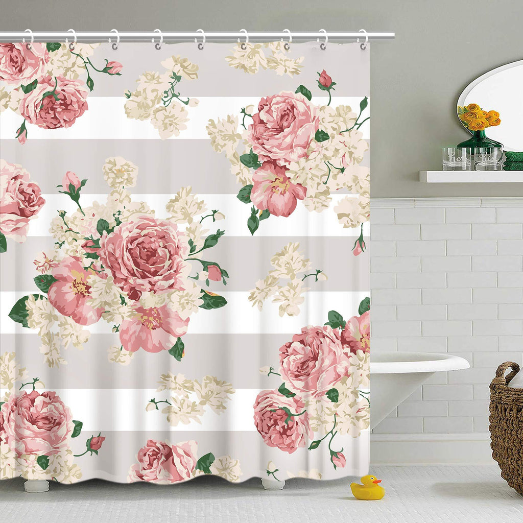 Stacy Fay Pink Floral Shower Curtain Striped Grey and White Bath Curtain Flower Decoration with Hooks 72 Inch Machine Washable - NewNest Australia