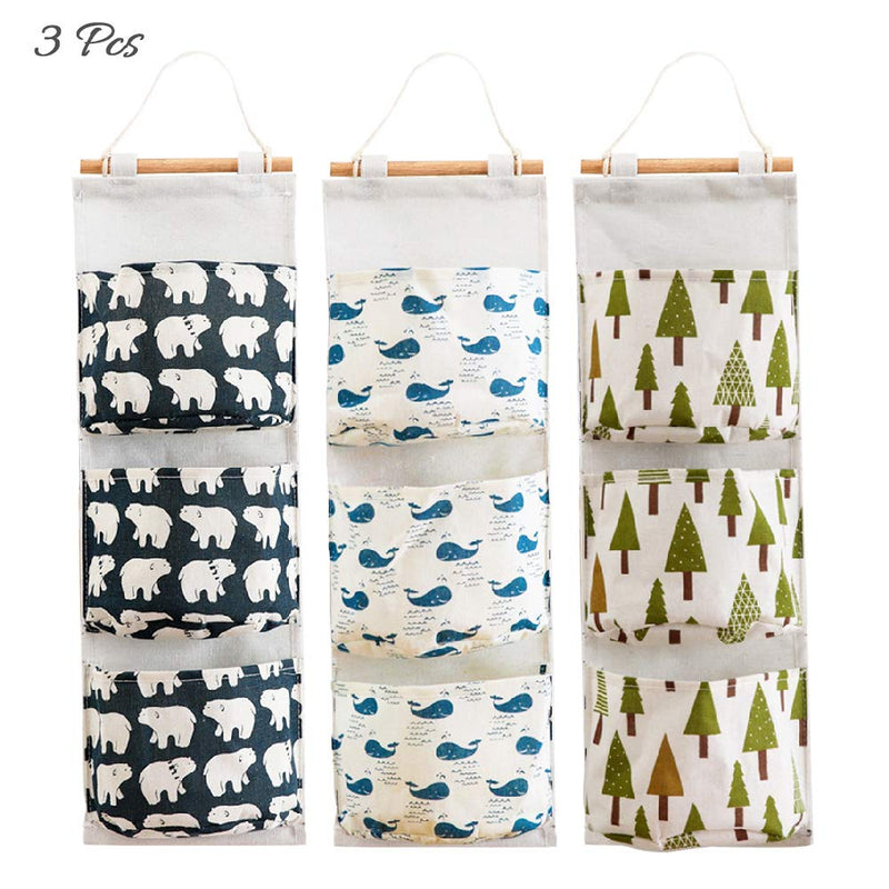 NewNest Australia - AUHOKY 3Pcs Wall Closet Hanging Storage Bag, Premium Linen Fabric Over The Door Organizer, Hanging Storage Pouches with 3 Pockets for Bedroom Bathroom - Waterproof & Stylish (Bear/Tree/Whale) Bear/Tree/Whale 