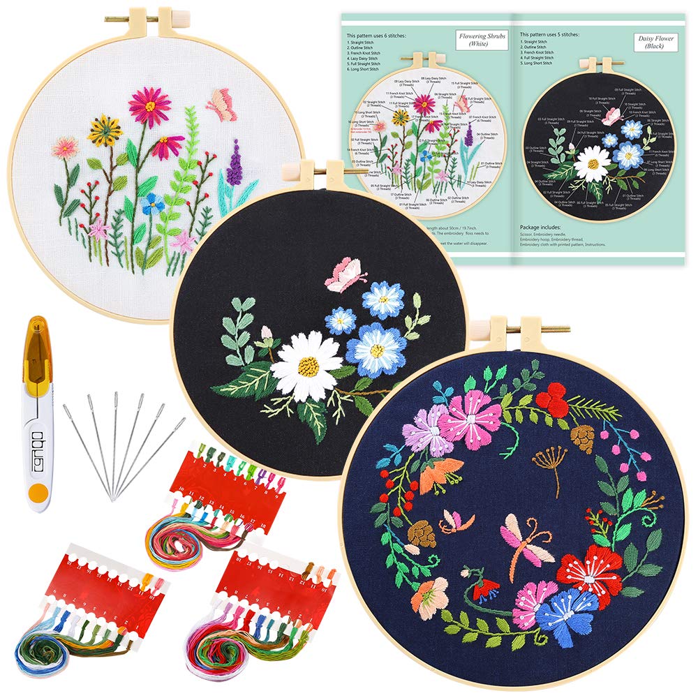 Caydo 3 Sets Embroidery Starter Kit with Pattern and Instructions, Cross Stitch Kits Include 3 Embroidery Cloth with Floral Pattern, 3 Plastic Embroidery Hoops, Color Threads and Tools Black - NewNest Australia