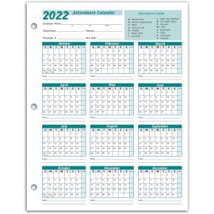 Work Tracker Attendance Calendar Cards- 8 ½ X 11 Cardstock / Pack of 25 Sheets (Green Color - 2022) Green -2022 - NewNest Australia