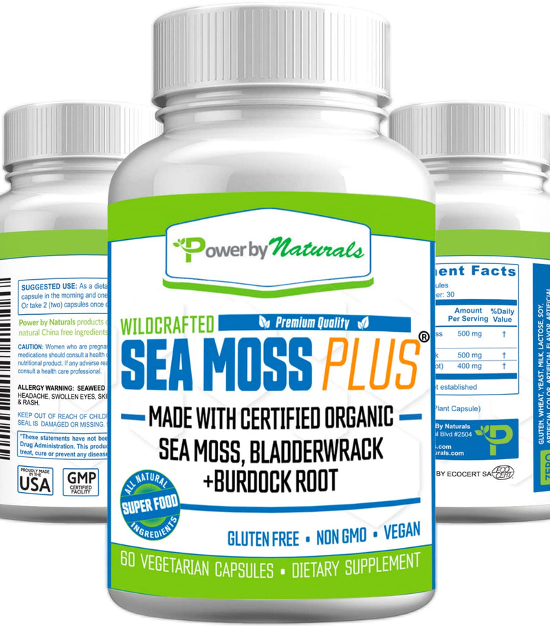 Power By Naturals Certified Organic Sea Moss Plus Supplements with Wildcrafted Irish Sea Moss, Bladderwrack, and Burdock Root, Pure Sea Moss Supplement, Vegan, No Fillers, 60 SeaMoss Powder Capsules - NewNest Australia
