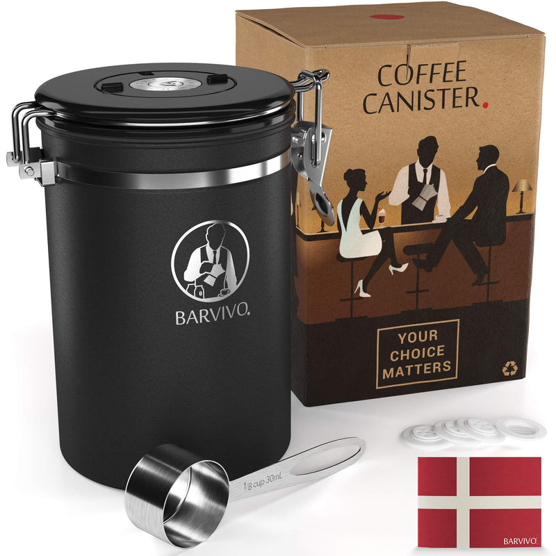 NewNest Australia - BARVIVO Stainless Steel Coffee Canister - Large - Keep Your Best Coffee Beans and Grounds Fresh for Months - Airtight Container with CO2-release Valve, an Engraved Date Tracker and Measuring Scoop. 