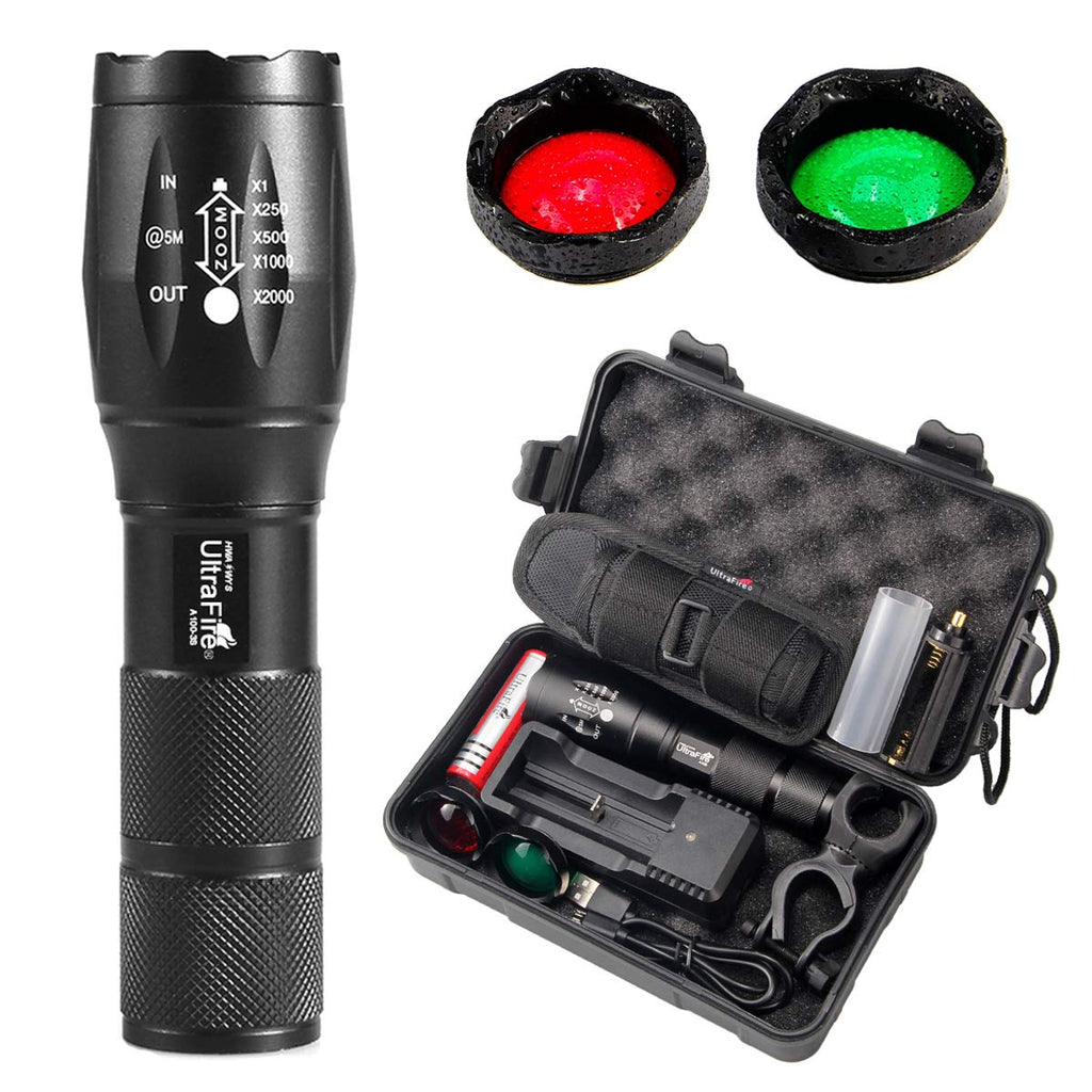 UltraFire A100 Tactical Flashlight, 900 Lumens 5 Modes LED Zoomable Hunting Flashlight Torch with Duty Belt Flashlight Holster, UFB26 Rechargeable Battery, Red/Green/White Exchange Glass - NewNest Australia