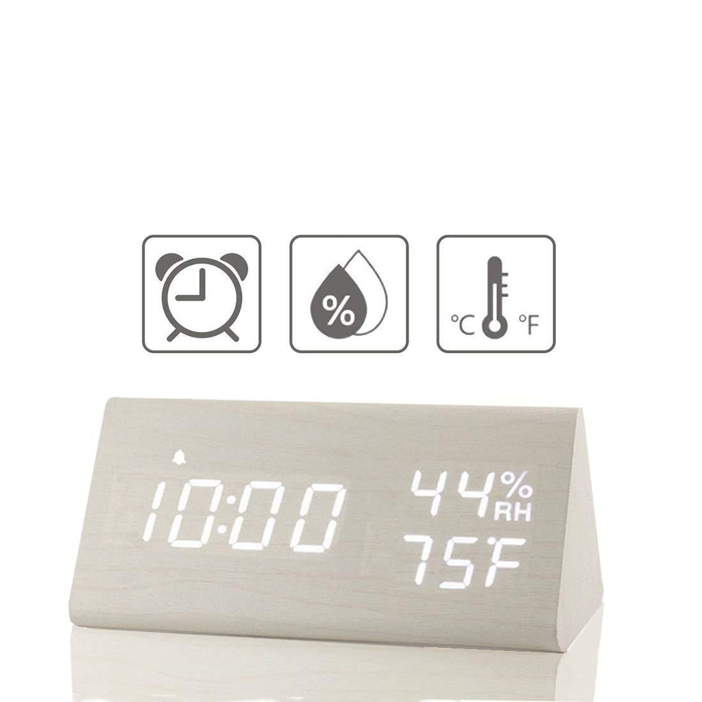 NewNest Australia - 【2020 Upgraded】 Digital Wooden Alarm Clock, with 3 Alarm Settings, Electronic LED Time Display, 3 Level Brightness & Temperature, Good for Bedroom, Bedside, Desk, Office, Kids and Families, White 