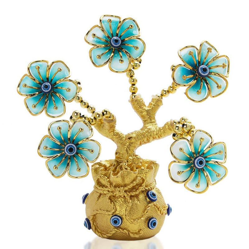 NewNest Australia - YU FENG Turkish Blue Evil Eye Flowers Golden Money Fortune Tree with Lucky Bag Vase for Home Decoration 