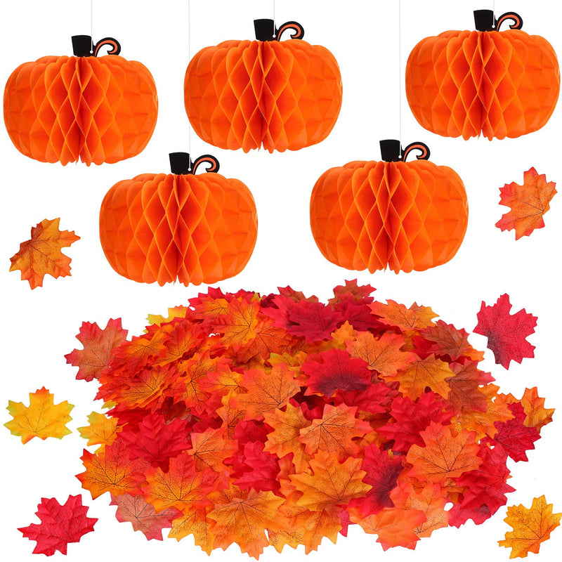 5 Pieces Tissue Paper Pumpkin and 200 Pieces Autumn Maple Leaves Fall Artificial Colored Maple Leaves for Halloween Thanksgiving Party Favor - NewNest Australia