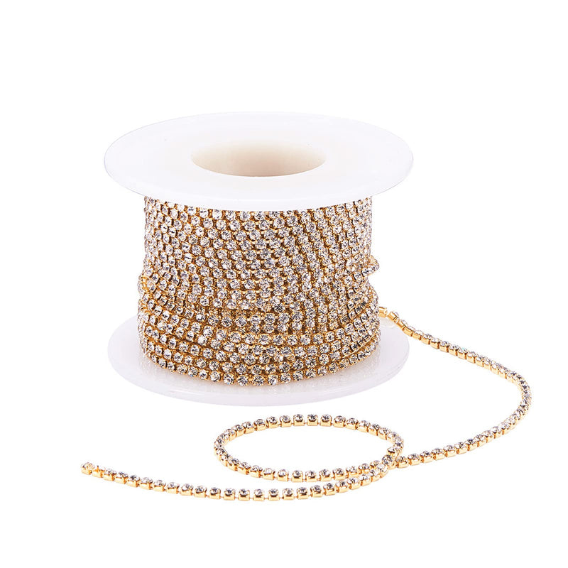1 Roll 10 Yards Crystal Rhinestone Trim Close Cup Clear Chain with Gold Setting Base (SS6 2mm) SS6 2mm - NewNest Australia
