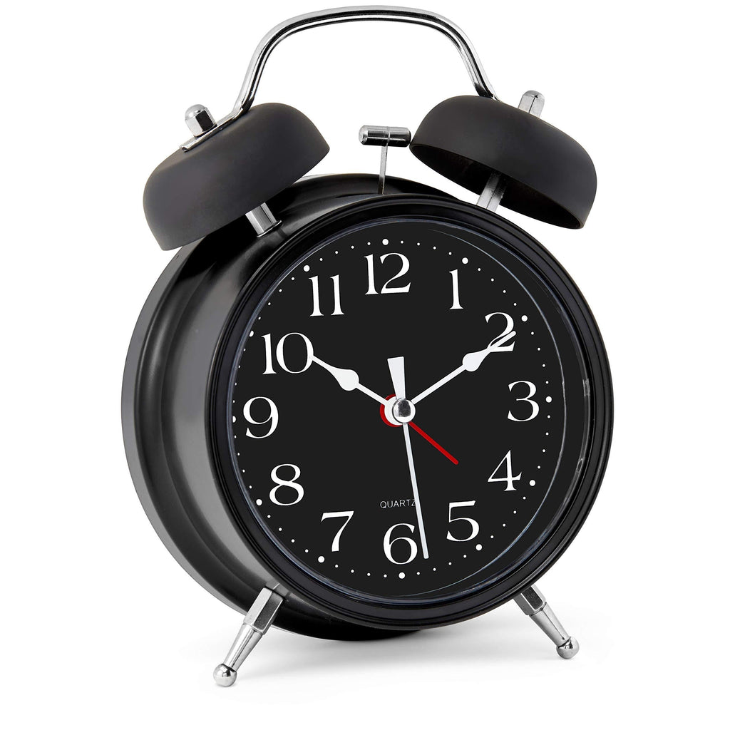 NewNest Australia - Bernhard Products Analog Alarm Clock 4" Twin Bell Black Silent Non-Ticking Quartz Battery Operated Extra Loud with Backlight for Bedside Desk, Retro (Classic Black) 