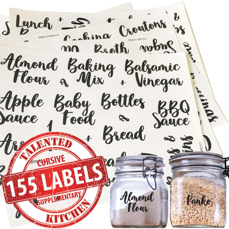 NewNest Australia - Talented Kitchen 155 Pantry Labels & Fridge – 155 Cursive Labels, Supplementary Ingredients – Food Jar Stickers Decal. Water Resistant Pantry Organization Storage (Set of 155– Non Main Cursive Pantry) 