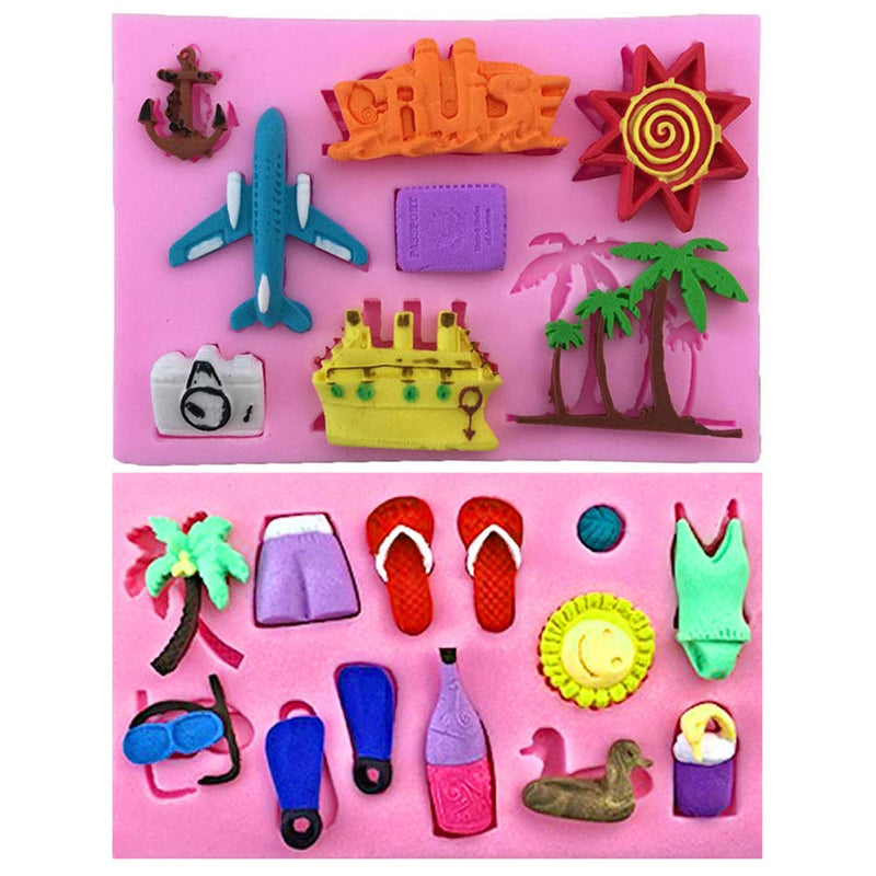 2Pcs/Set Summer Vocation Travel Fondant Molds, Seaside Holiday Silicone Mold for Cake Cupcake Decorating Polymer Clay Mould (Airplane Cruise Liner Camera Coconut Tree Sun Beach Slippers Swimsuit) - NewNest Australia