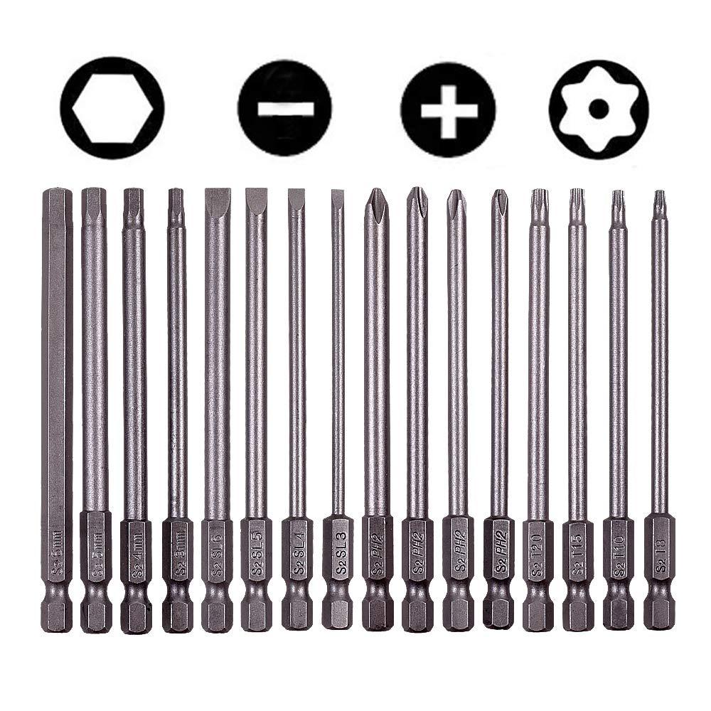 Rocaris 16 Pack 1/4 Inch Hex Shank Long Magnetic Screwdriver Bits Set 4 in Power Tools(Slotted+Cross+Hex+Plum blossom） - NewNest Australia