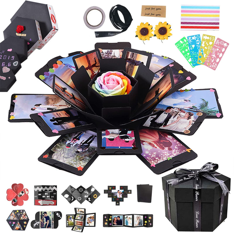 RECUTMS Explosion Box DIY Scrapbooking Set Handmade Photo Album,Gift Box with 6 Faces for Christmas Gift Wedding Memory Book (6 Sides) Black - NewNest Australia
